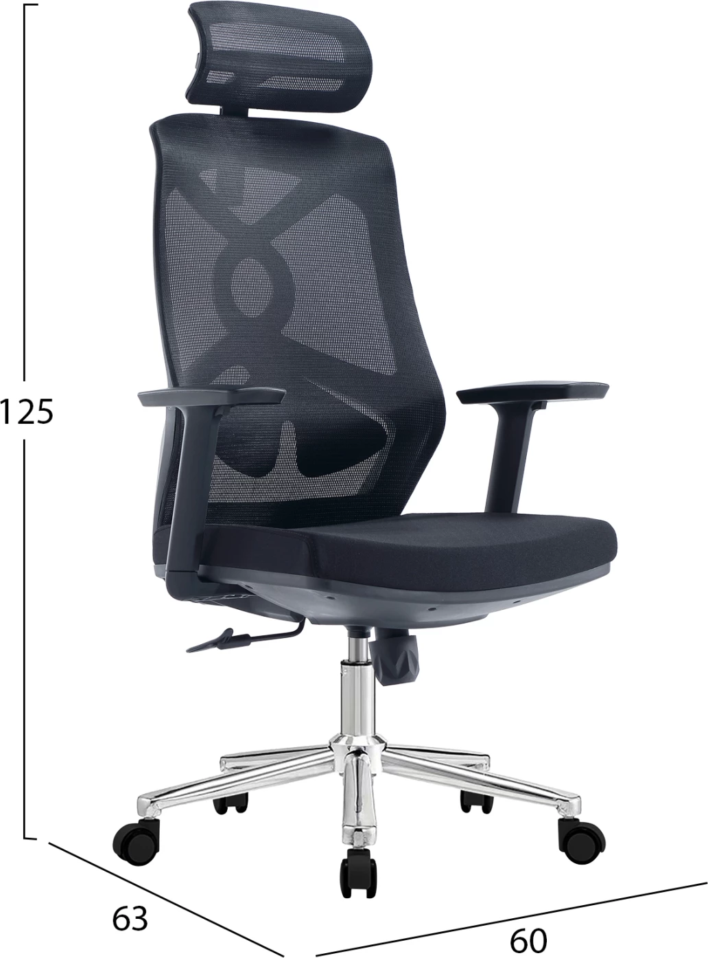 Karrige zyre FLEXORA, material rrjetë e zezë, bazë e kromuar, 60x63x125cm