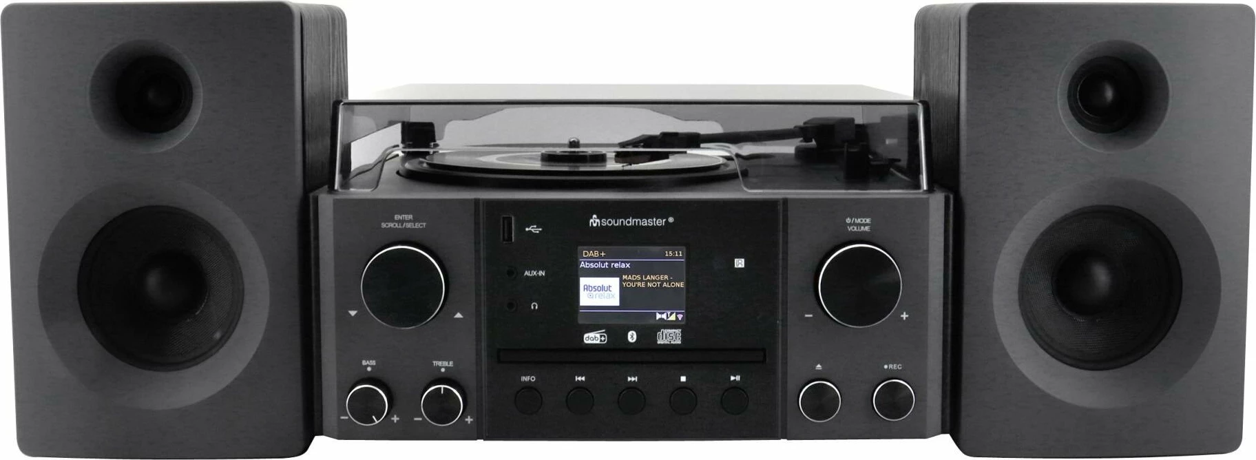 Sistem muzikor tower Soundmaster MCD1950SW, Bluetooth, DAB+/FM, CD/MP3, USB, gramafon, 20W, zi, set me 2 altoparlantë