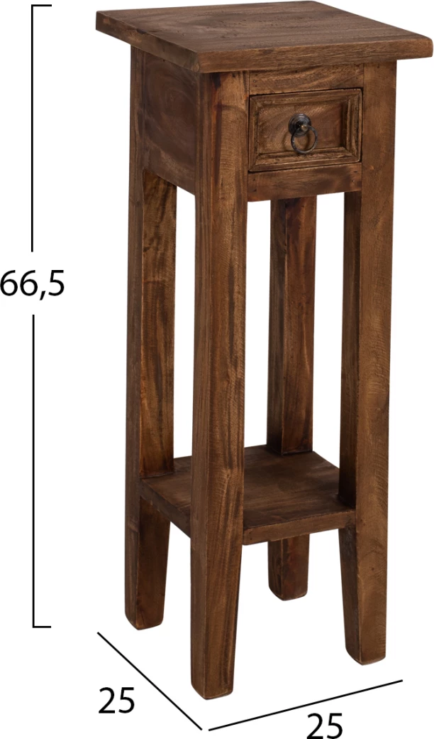 Tavolinë anësore prej druri mahogany me sirtar, ngjyrë natyrale, 25x25x66,5H cm, FH9484.01