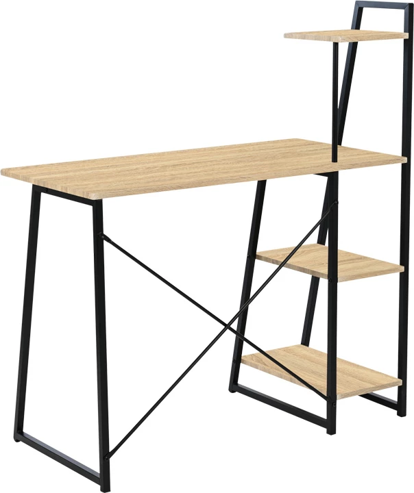 Tavolinë pune me rafte Deckstor, ngjyrë lisi-me këmbë metalike të zeza, 102x50x117cm