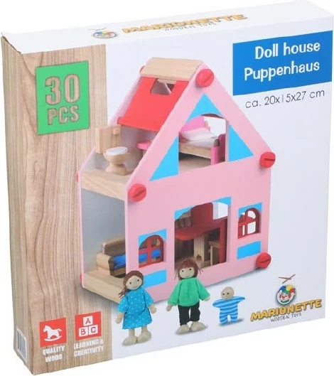 Shtëpi kukullash prej druri BD VOZICKI 30535, 30 copë, 27 x 20 x 17 cm, rozë/blu