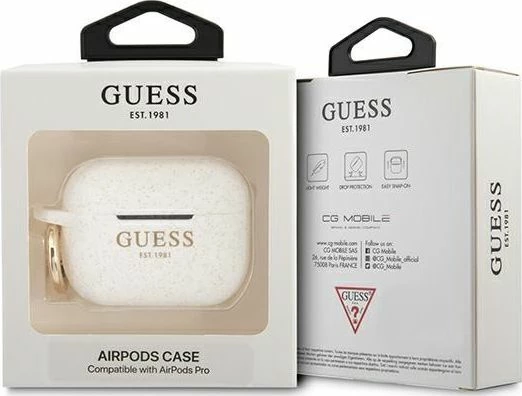 Këllëf mbrojtës silikoni Guess GUAPSGGEH Glitter për AirPods Pro, me klips, i bardhë