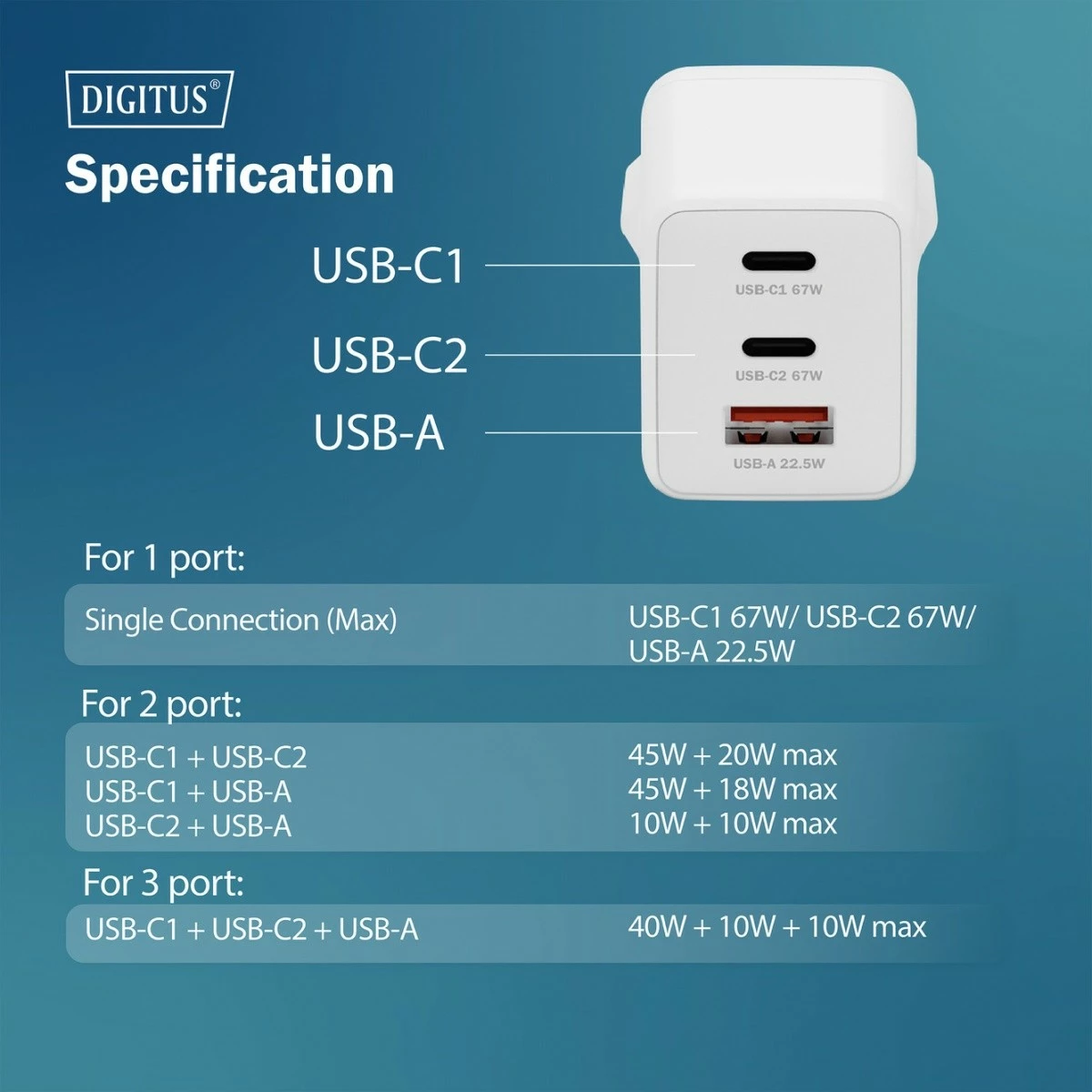Karikues muri Digitus DA-10303 GaN II 67W, 2x USB-C, 1x USB-A, e bardhë