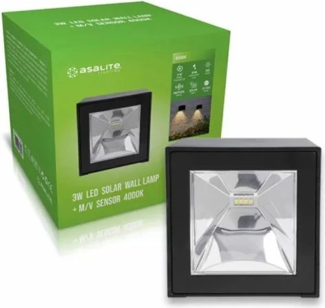 Llambë muri solare LED Asalite ASAL0283 3W 200 lm 4000K IP44 me sensor microwave 100x100 mm, e zezë, 1 copë