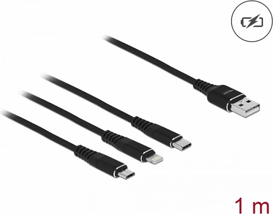 Kabllo karikimi DeLOCK 3-në-1 USB-A në Lightning/Micro-USB/USB-C (Apple 30-pin), 1 m, 3A, e zezë