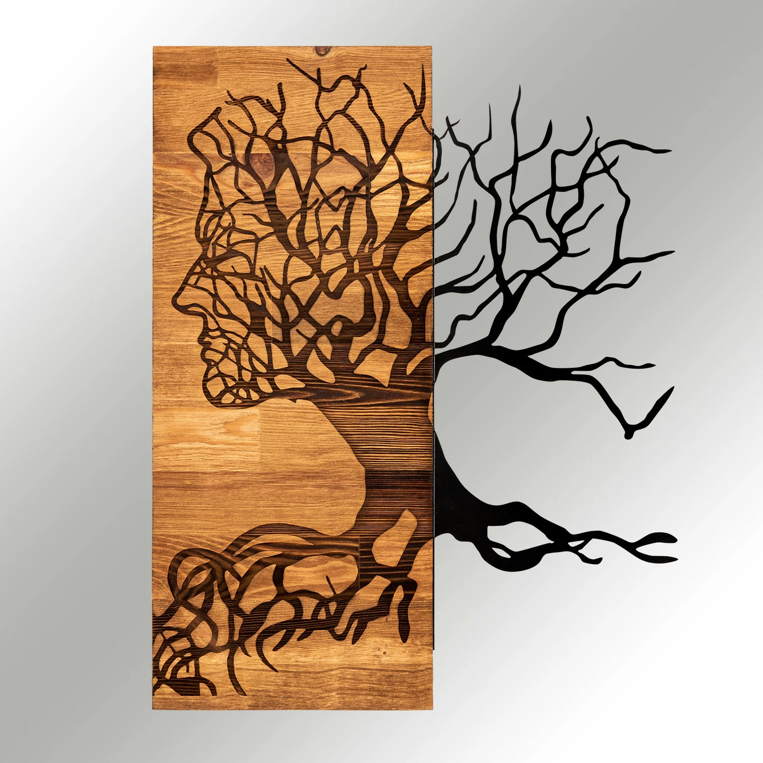 Aksesor dekorativ për mur, dru dhe metal, Wallity Muaz, ngjyrë e zezë dhe arre, 45x58cm