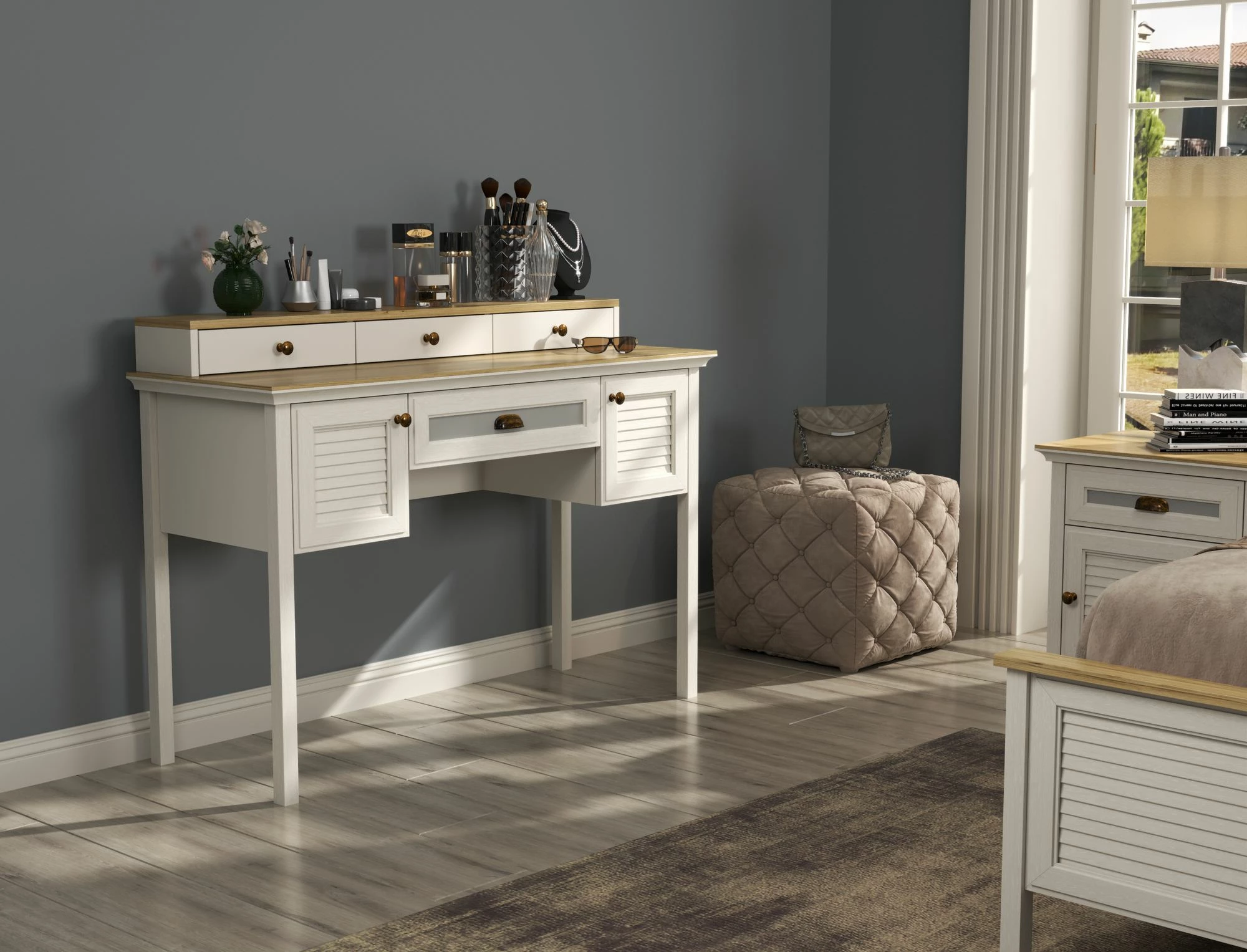 Tavolinë grimi Skye Decor, krem, lis, gri, FRN-21032