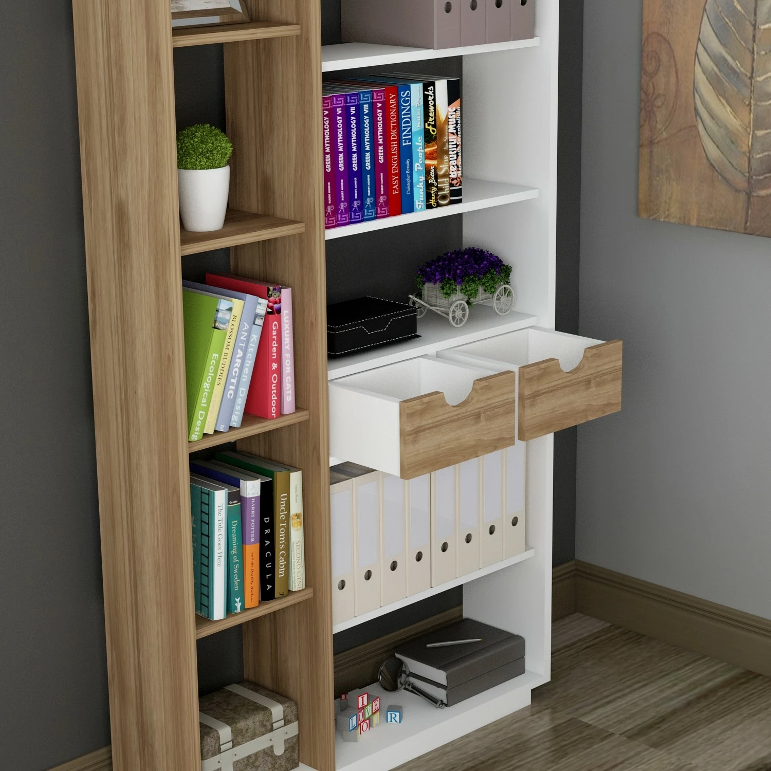 Raft librash Hanah Home, Luma, ngjyrë e bardhë dhe arre