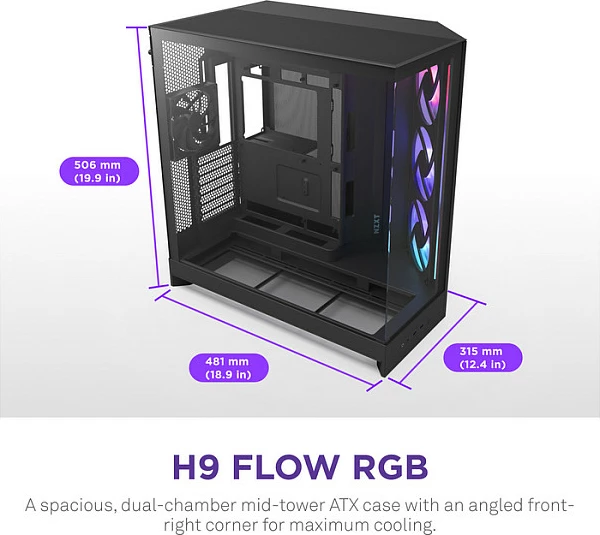 Kasë NZXT H9 Flow RGB+, Midi Tower ATX/EATX, Tempered Glass, Mesh, RGB, e zezë