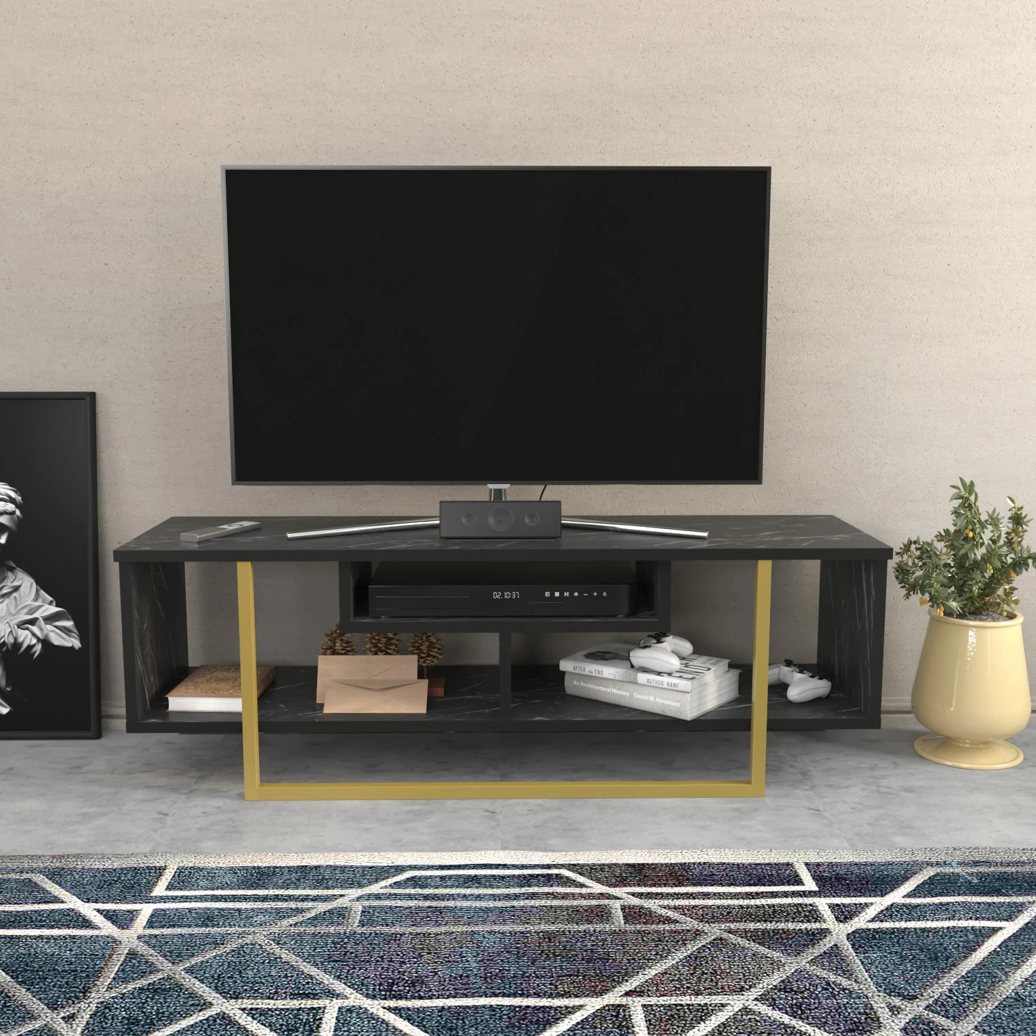 Komodinë TV Hanah Home, Asal 120, e zezë dhe ari
