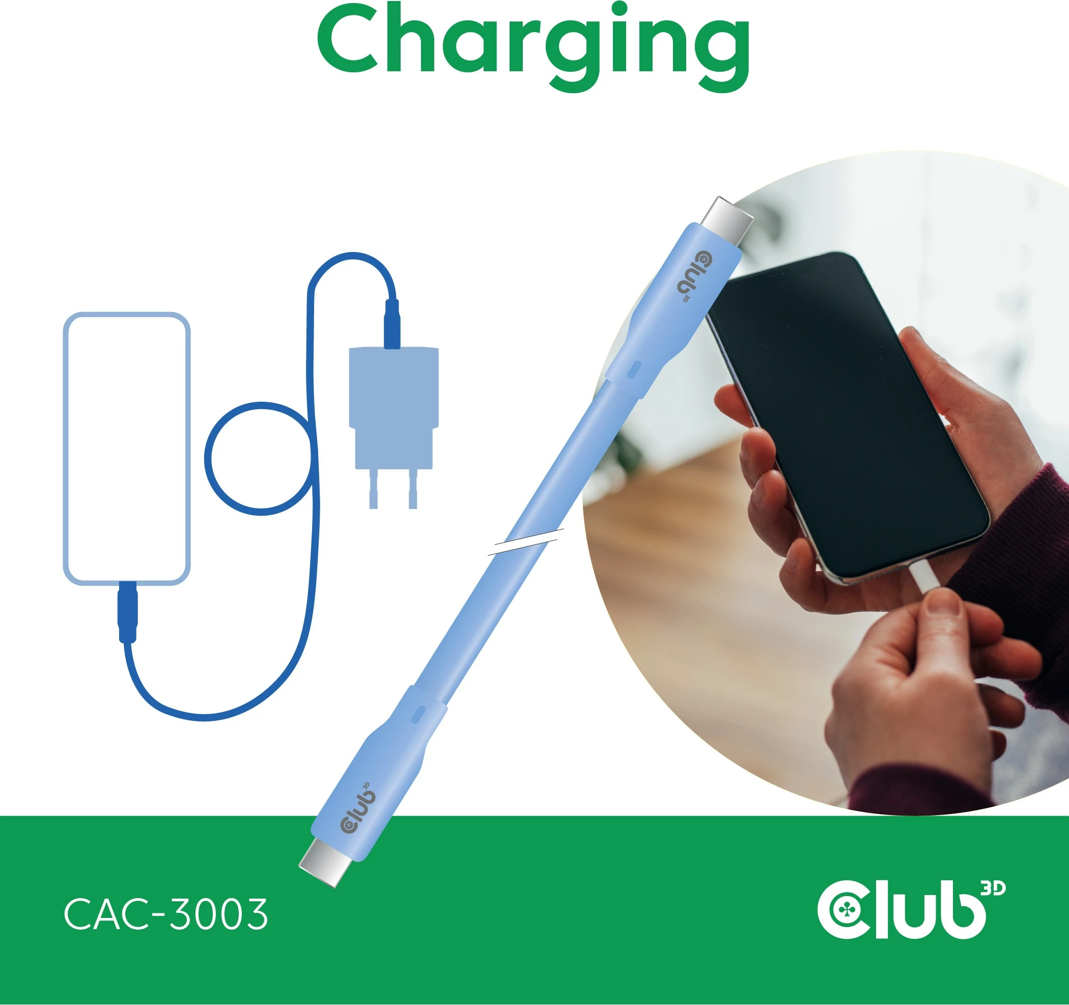 Kabllo USB-C Club3D CAC-3003, 2m, 240W, 20Gbps, blu