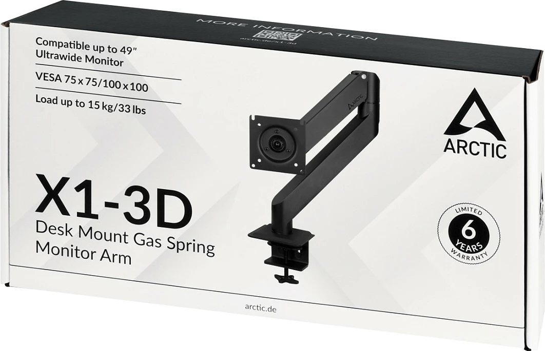 Krah monitori ARCTIC X1-3D, Gas Spring, Clamp, 10 kg, 43", i zi
