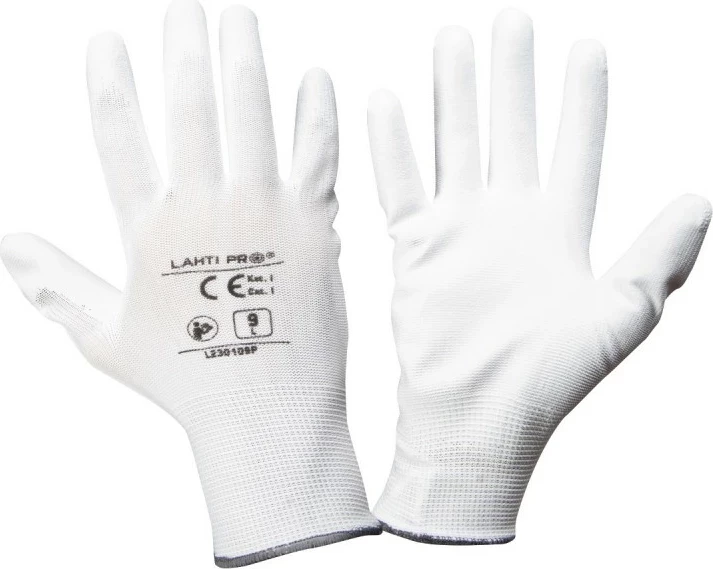 Doreza mbrojtëse LAHTI PRO L230109W, size 9, të veshura me poliuretan, të bardha, 12 palë