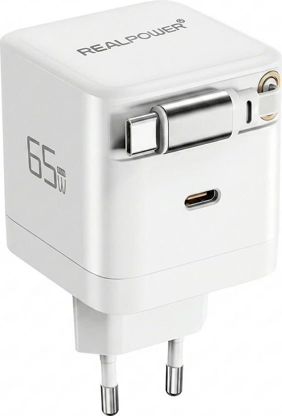 Ngarkues GaN Realpower 65W, 2x USB-C, i bardhë