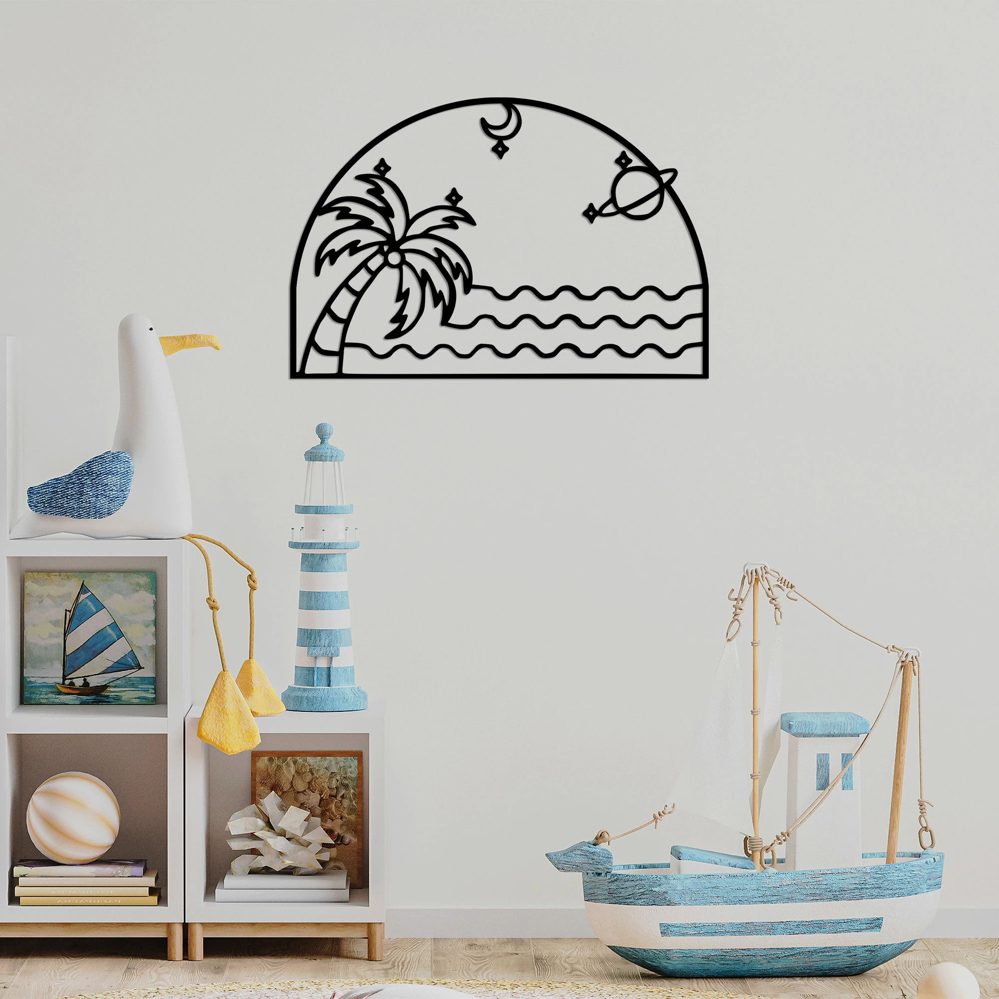 Aksesor dekorativ metalik për mur, Palm Sea Moon, 70x47cm