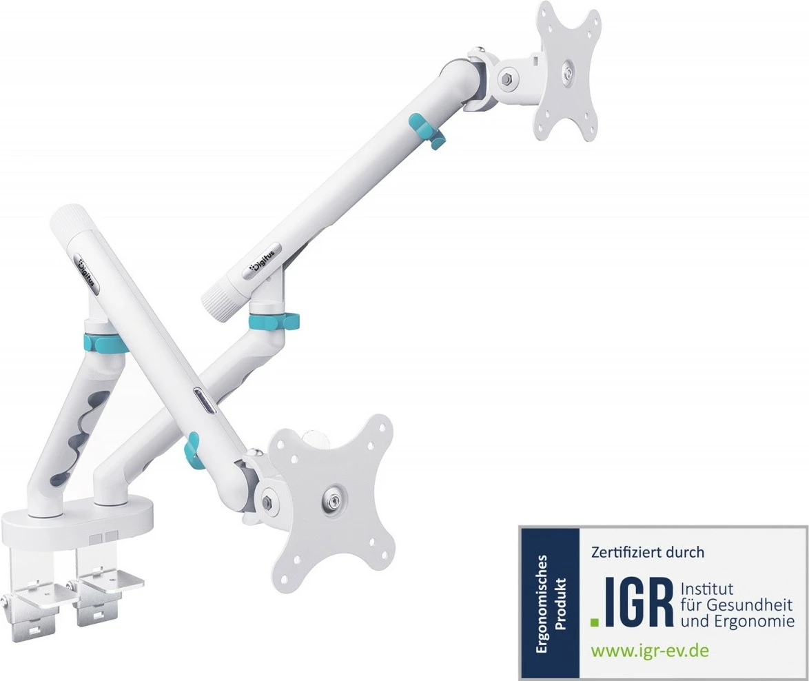 Krah tavoline i dyfishtë për monitor Digitus DA-90472, 2x deri 35\", 2x10kg, VESA 75x75/100x100, me kapëse + montim në tavolinë, i bardhë