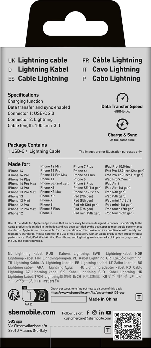 Kabllo SBS TECABLELIGTC1K USB-C në Lightning, 1m, e zezë