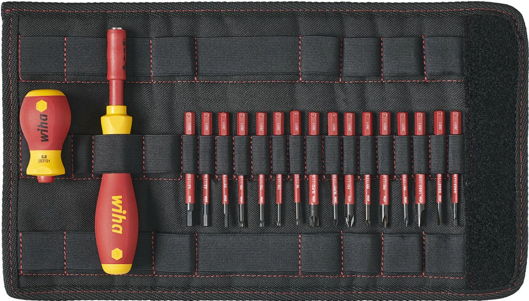 Set kaçavidash Wiha 41231 slimVario, 2 doreza + 16 bitë, të izoluara 1000V, me çantë, kuqe/verdhe