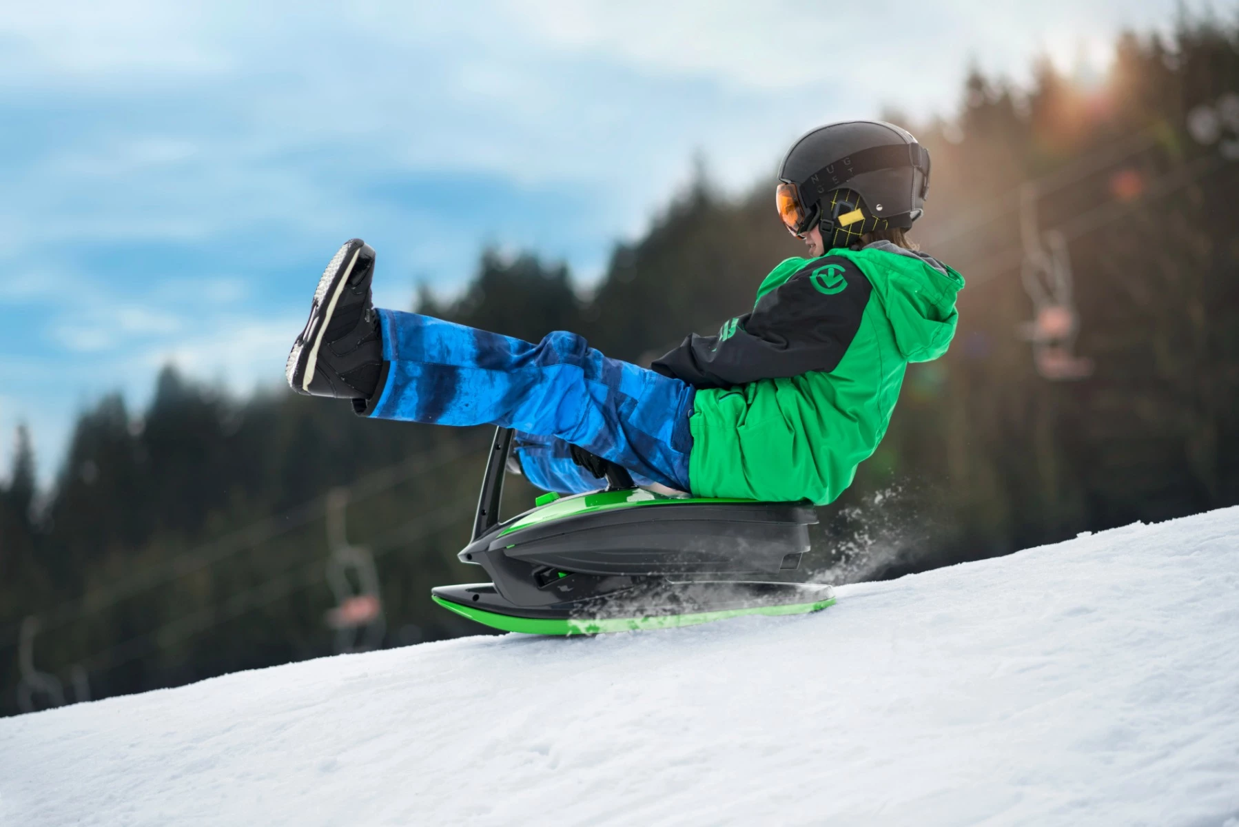 Ski bob Gizmo Riders SKIDRIFTER 74x46x25 cm, deri 90 kg, jeshile mistike