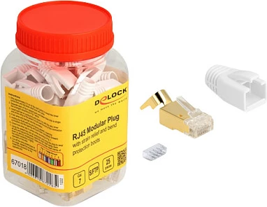 Konektor RJ45 DeLOCK Cat7 S/FTP, set 25 copë, me boot mbrojtës, Gold/Bardhë