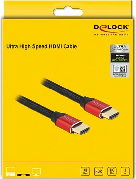 Kabëll HDMI DeLOCK Ultra High Speed 48Gbps, 3 m, 8K@60Hz, HDR/Dolby Vision, kuqe/zi