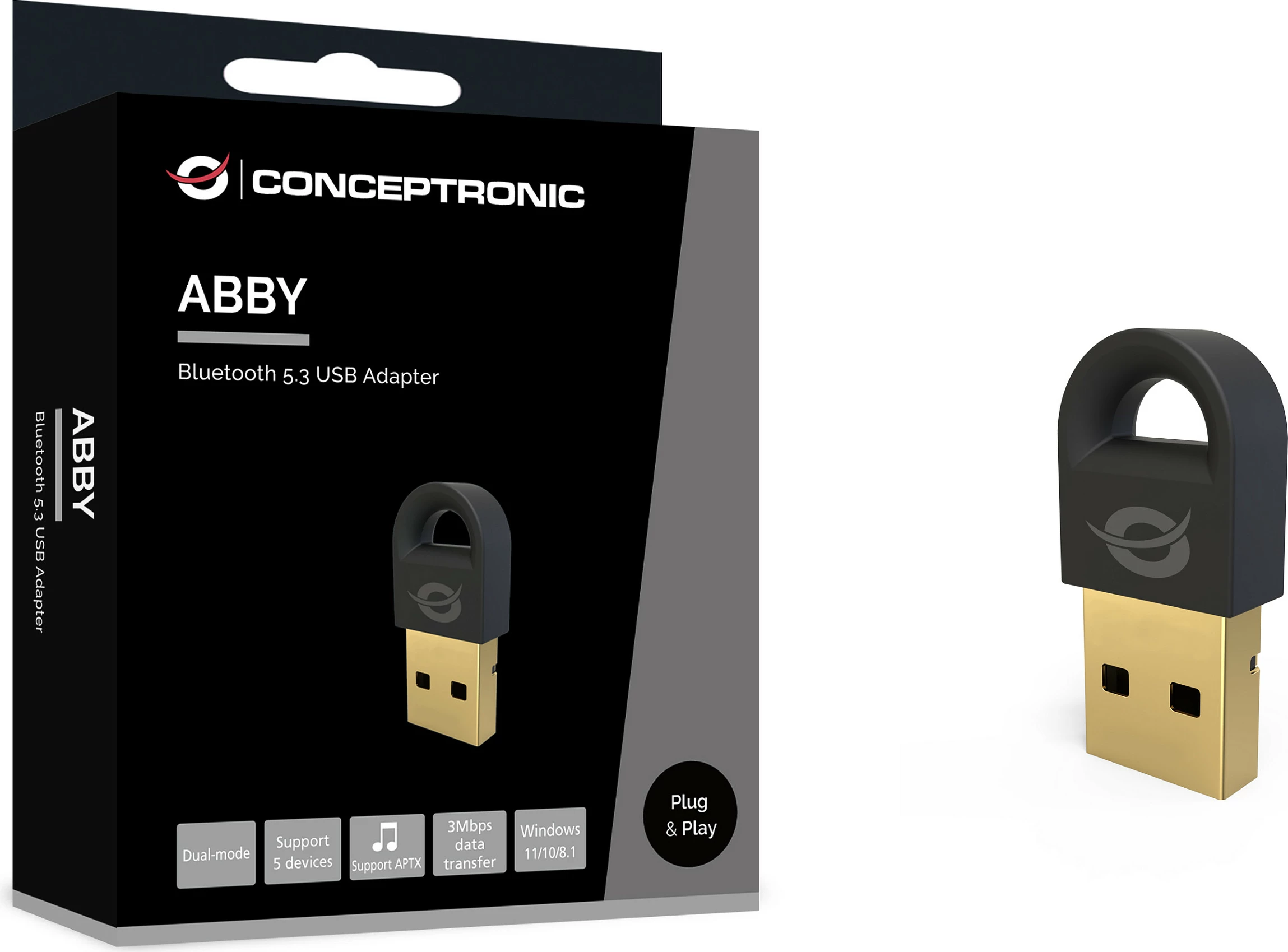 Adapter USB Bluetooth Conceptronic ABBY16B, Bluetooth 5.3, Nano, 3 Mbit/s, i zi