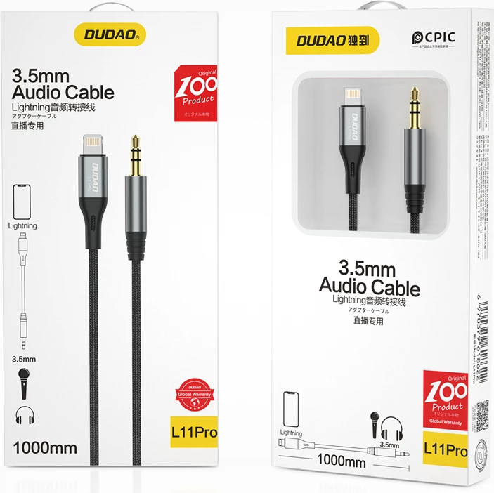 Kabllo audio Dudao L11PRO, Lightning në mini jack 3.5mm, 1m, Gri