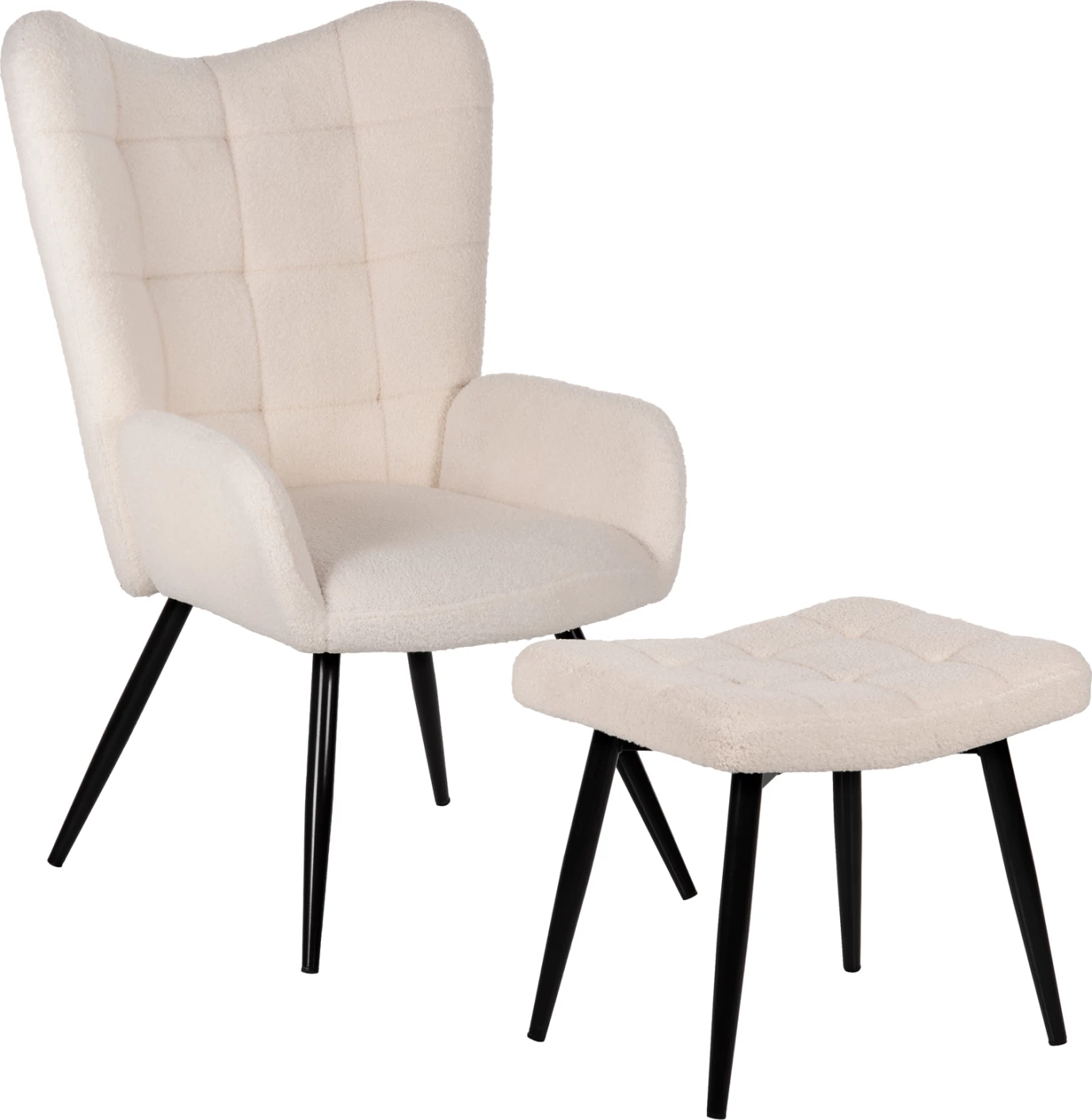 Fotel CRAWLEY me tabure, stof boucle i bardhë, këmbë metalike të zeza, FH8918.25, 70x74x105cm