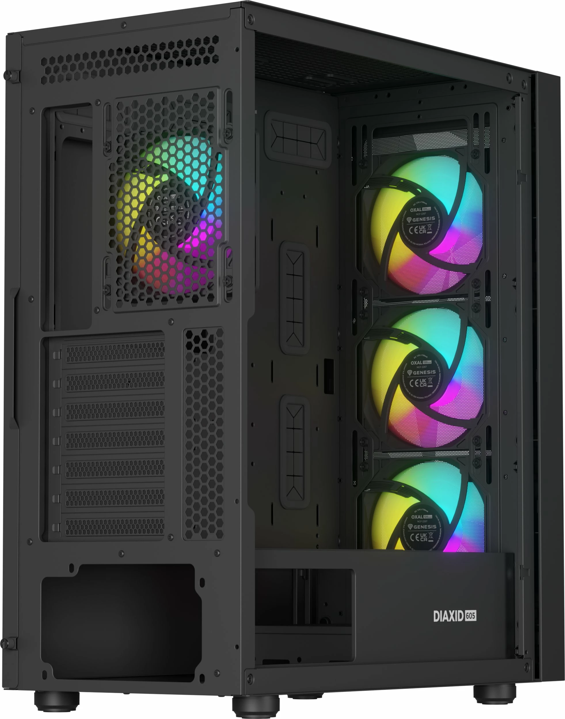 Kasë GENESIS Diaxid 605 ARGB NPC-2172 Midi Tower, ATX/mATX/Mini-ITX, USB-C, pa PSU, e zezë
