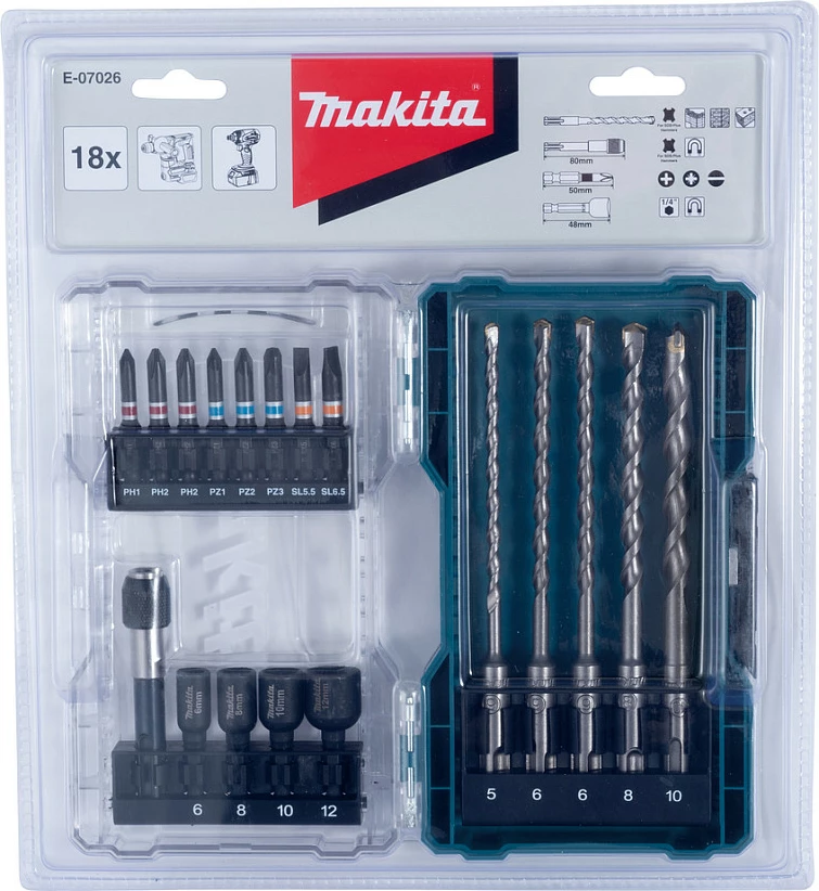 Set burgjish dhe bitash SDS Plus Makita, 18 copë, me kuti, jeshile/transparent