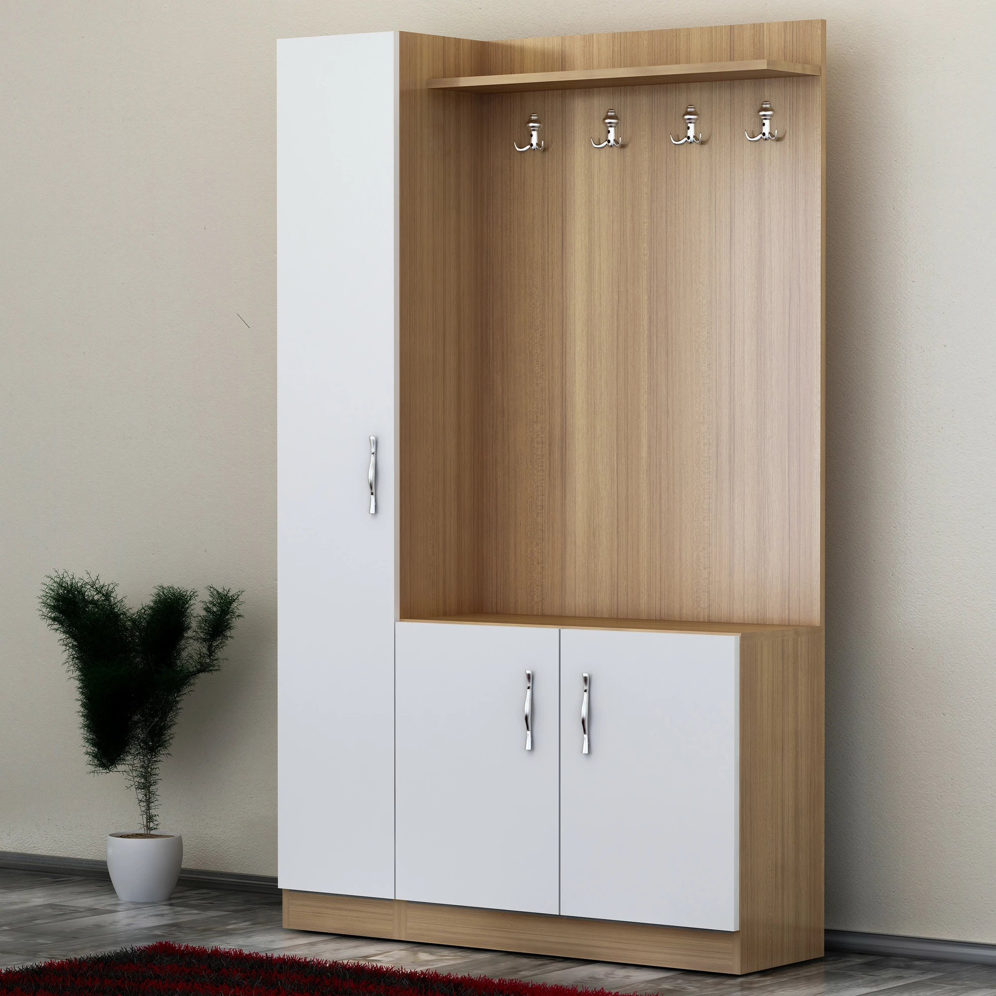 Stendë për korridor, ngjyrë natyrale-teak, e bardhë