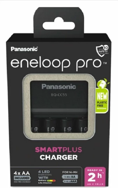 Karikues baterish Panasonic SmartPlus me 4 bateri AA Eneloop Pro 2500 mAh, i zi