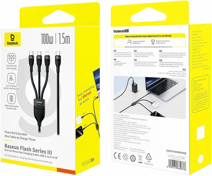 Kabllo USB-C Baseus Flash Series 3 3-në-1 100W 1.5 m (2x USB-C + Lightning), e zezë