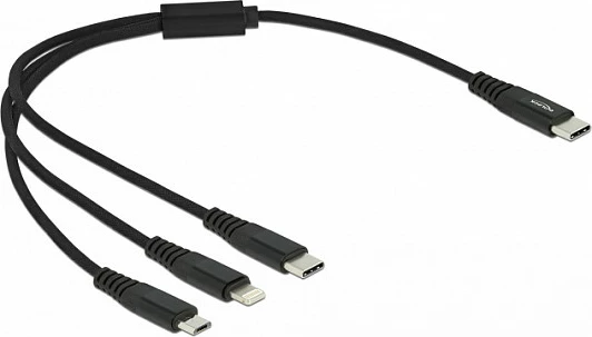 Kabllo karikimi DeLOCK 3-në-1 USB-C në Lightning/Micro-USB/USB-C, 0.3m, e zezë
