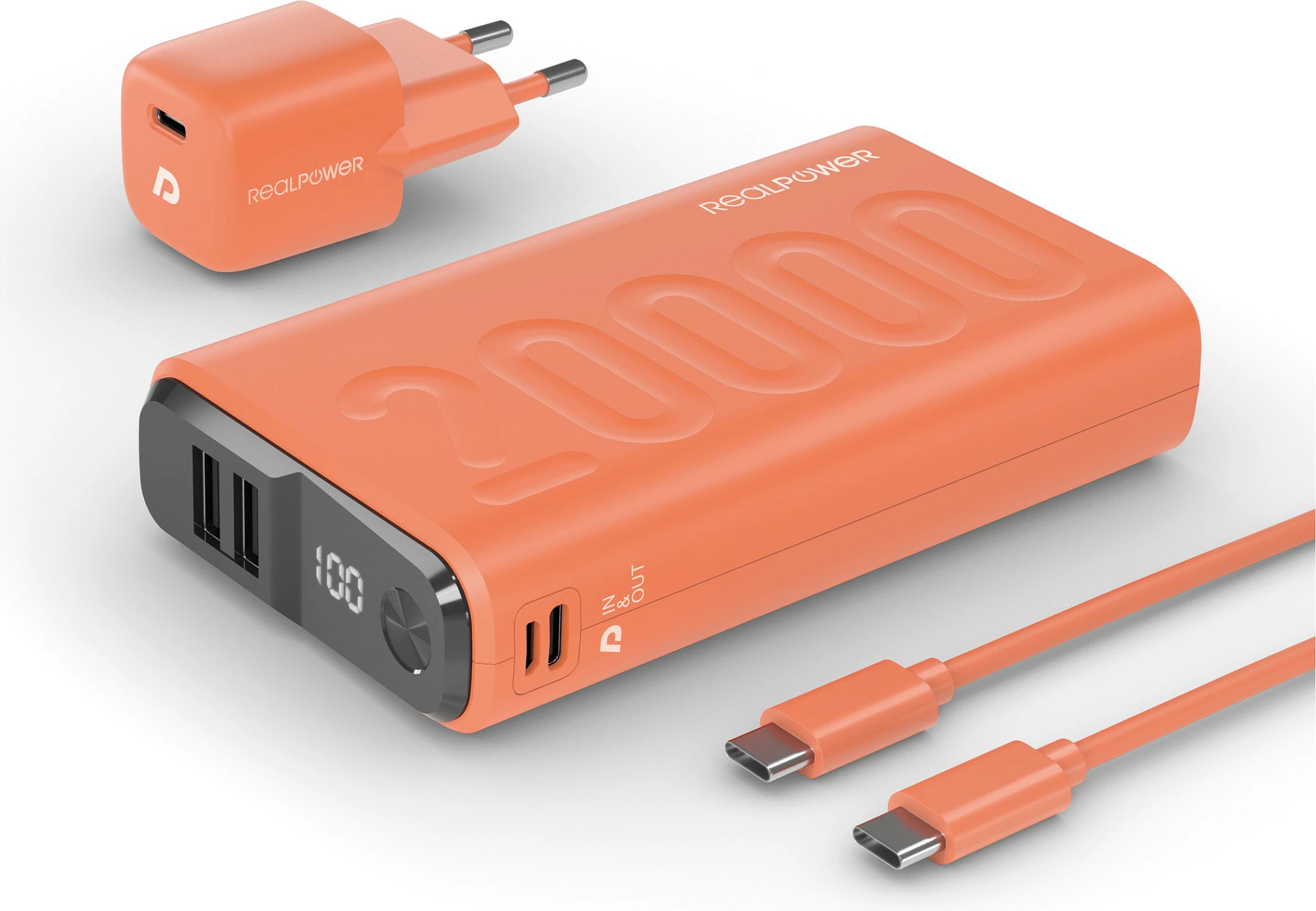 Powerbank Realpower PB-20000, 20000 mAh, USB-C/USB-A, Fast Charge, portokalli