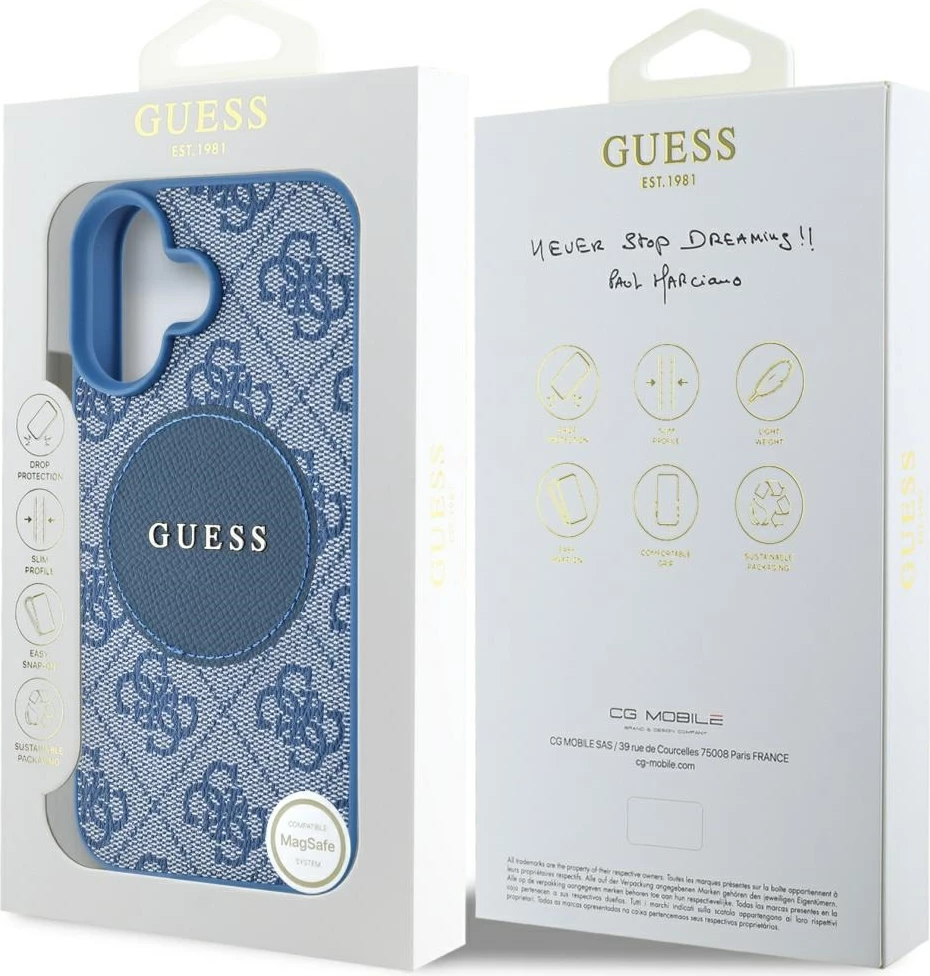 Mbështjellës Guess 4G Circle Classic Logo MagSafe për iPhone 16, Kaltër