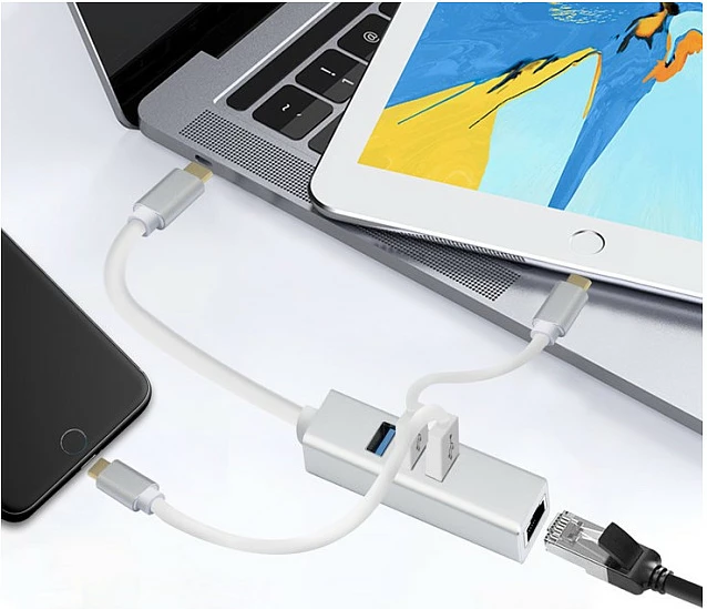 Hub USB-C Helos Premium, 3x USB-A 3.2 Gen 1 + RJ45 Gigabit, argjend