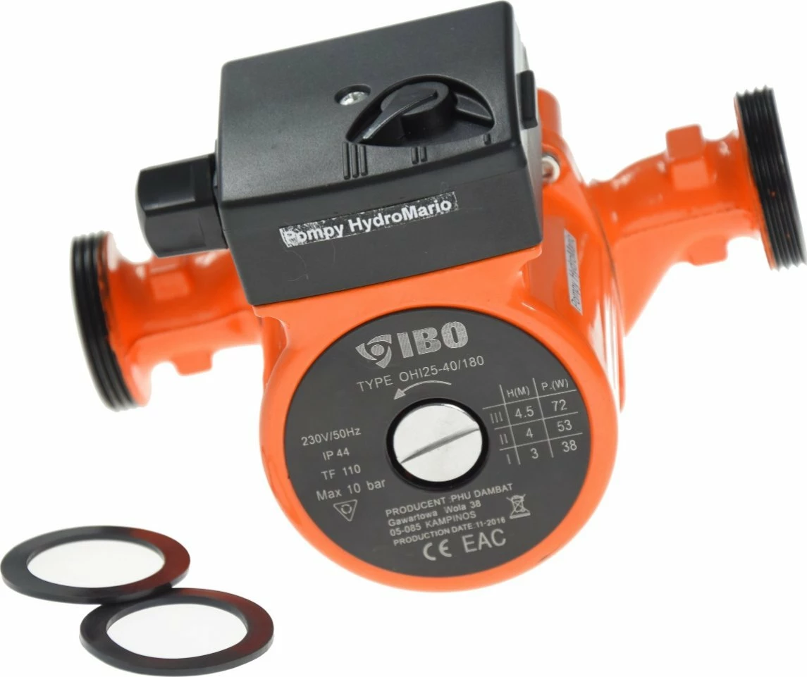 Pompë qarkulluese EXEC OHI 25/40-180, 230V 22W, 48 l/min, H=4.5 m, 1 1/2\", 180 mm, portokalli/zi, set me 2 guarnicione