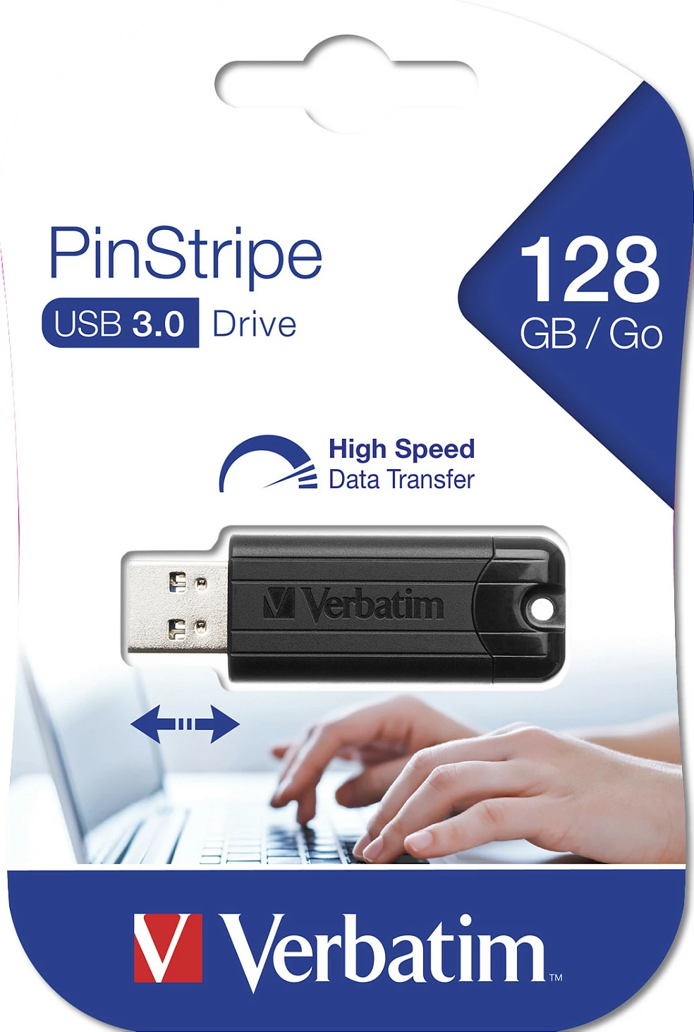 USB memorje Verbatim PinStripe 3.0 128GB, USB-A, USB 3.2 Gen 1, Slide, e zezë