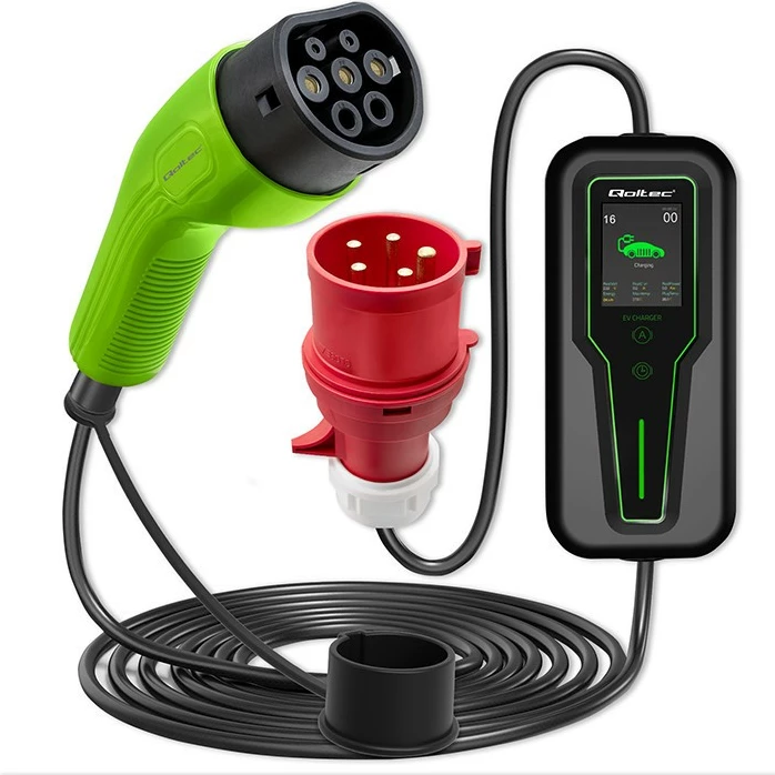 Karikues portativ për makina elektrike Qoltec 52466, 7kW, Type 2, LCD, 5m, i zi/gjelbër