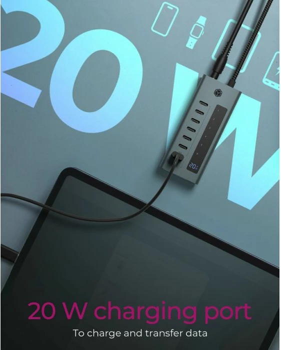 USB-C hub ICYBOX IB-HUB1457-C31 7-port USB 3.2 Gen 2 10 Gbit/s me PD 20 W, gri/blu