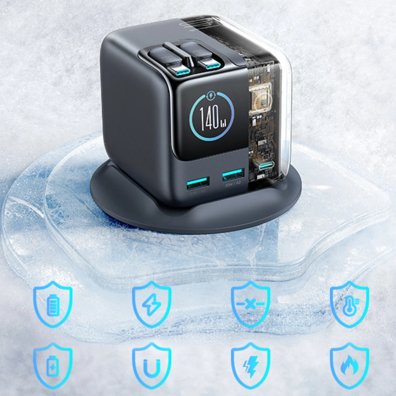 Karikues tavoline GaN, Joyroom Podix JR-TRD01, 140W, 5 porta me dy kabllo USB-C tërheqëse, gri