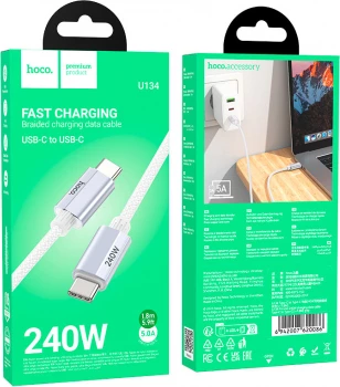 Kabllo karikimi dhe të dhënash HOCO U134 USB-C në USB-C 1.8m 240W 5A, e thurur gri