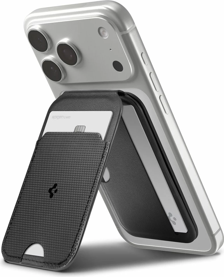 Mbështjellës/portofol MagSafe Spigen S314-2 Slim Fold Tripod Wallet, 3 vende për karta, PU leather, me mbajtëse stand, i zi, 1 copë