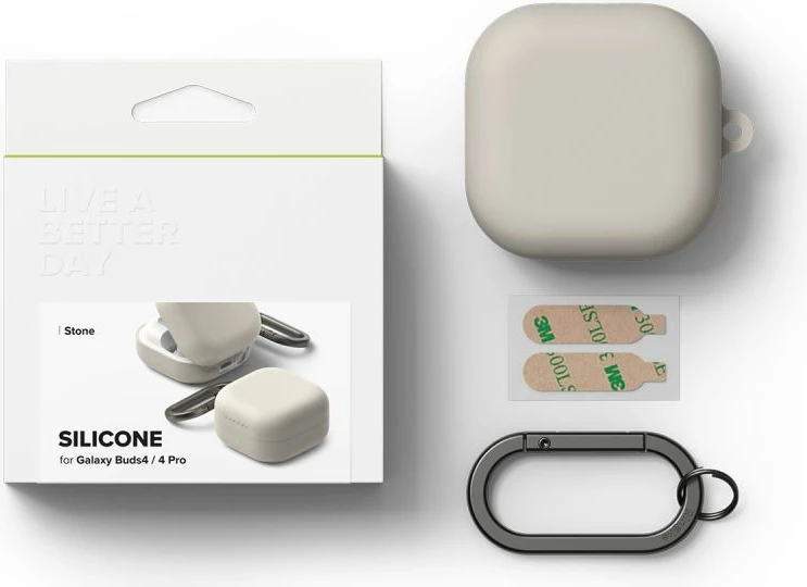 Mbështjellës silikoni Ringke Silicone Case për Samsung Galaxy Buds 4/4 Pro, me karabinier, mat, Bezhë, set 2 copë
