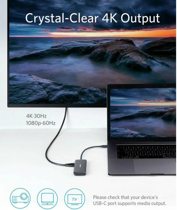 Hub USB-C ANKER A8334HA1 5-në-1 2x USB-A USB 3.0, HDMI 4K, SD/microSD, gri e errët, me këllëf udhëtimi