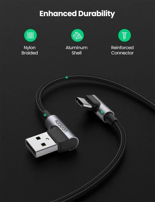 Kabllo USB-A në USB-C UGREEN 20856, 90° right-angle, fast charging 18W, 480Mbps, 1m, e zezë/argjend