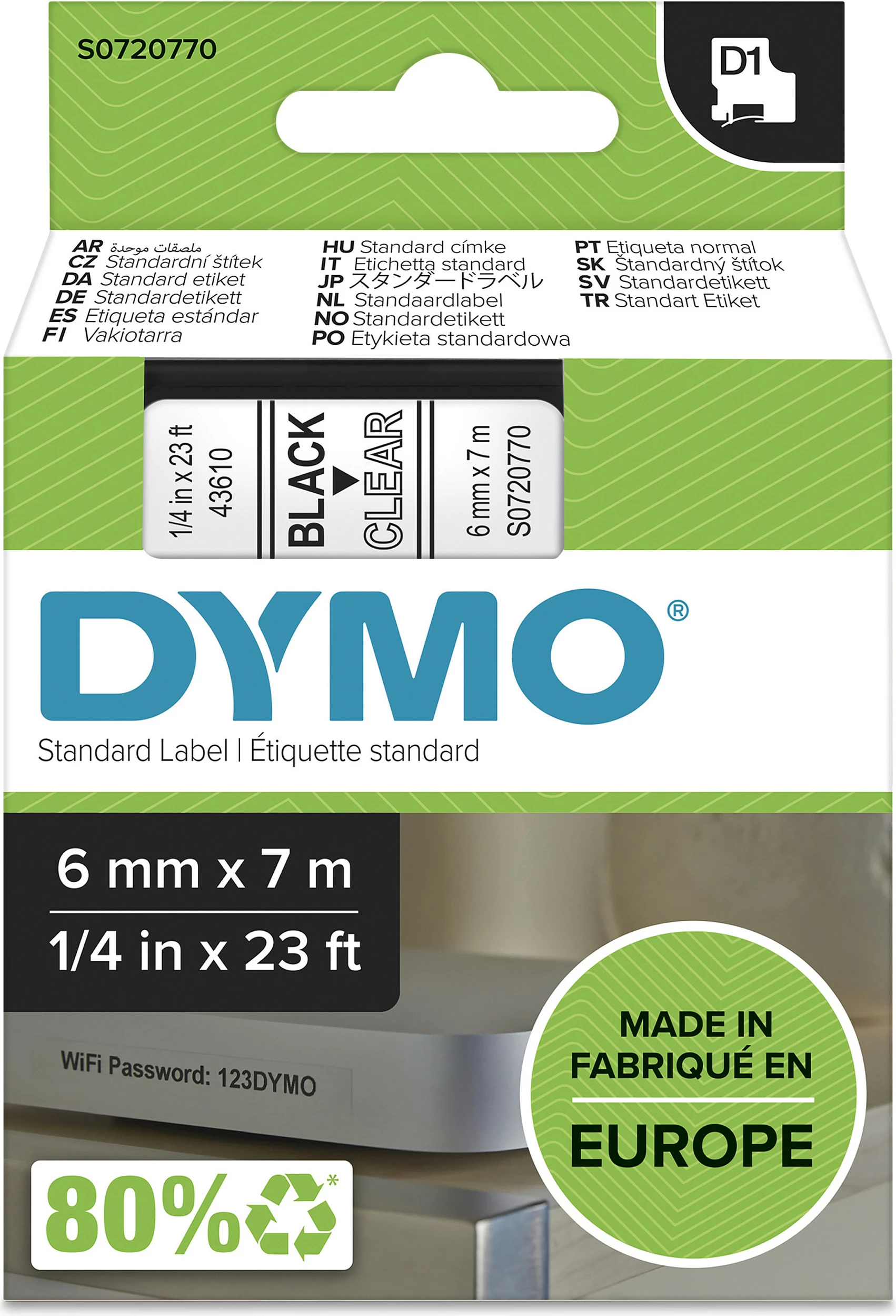 Shirit etikete DYMO D1 43610/S0720770, 6 mm x 7 m, i zi në transparent