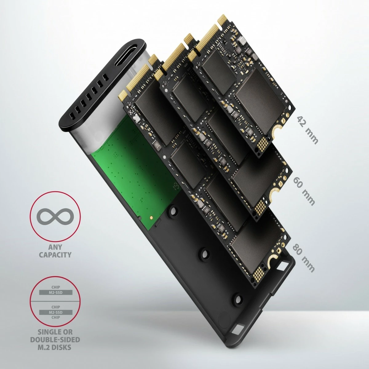 Kasë e jashtme AXAGON EEM2-SBC për SSD M.2 SATA, USB-C 3.2 Gen 2, Alumini, E zezë