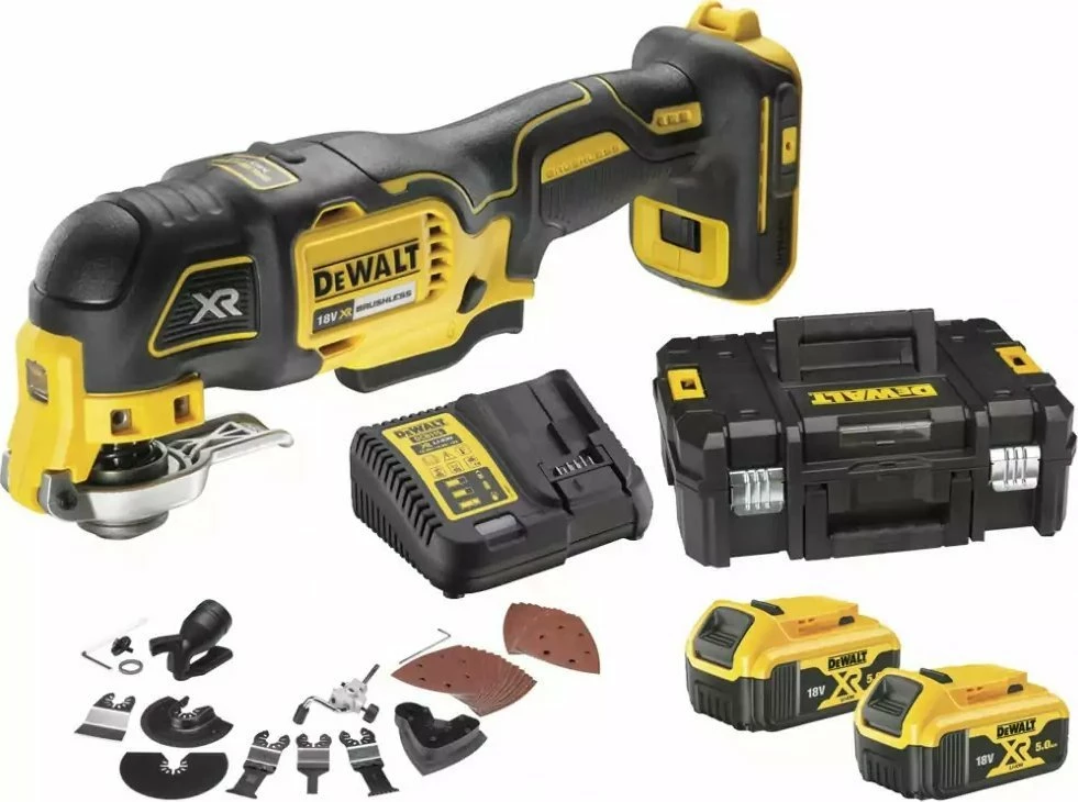 Vegël multifunksionale osciluese DeWalt DCS356P2 18V XR Brushless, 2x5Ah bateri, karikues, valixhe, set aksesorësh, e verdhë/zezë